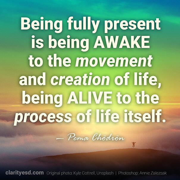 Being fully present is being awake to the movement and creation of life, being alive to the process of life itself.