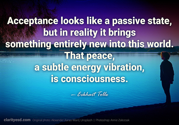 Acceptance looks like a passive state, but in reality it brings something entirely new into this world. That peace, a subtle energy vibration, is consciousness.