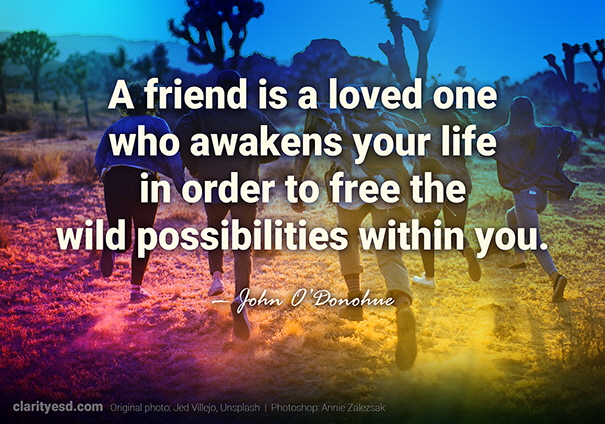 A friend is a loved one who awakens your life in order to free the wild possibilities within you.